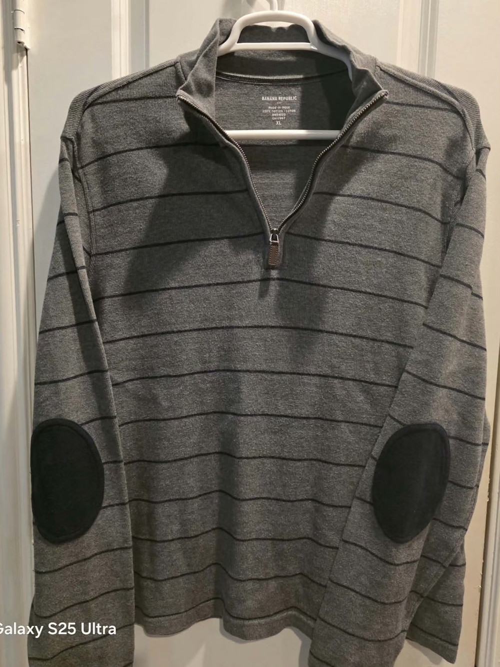 Banana Republic Gray Striped Quarter-Zip Sweater with Black Elbow Patches